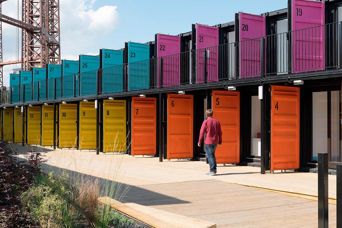 Two storeys of colourful container units at Containerville