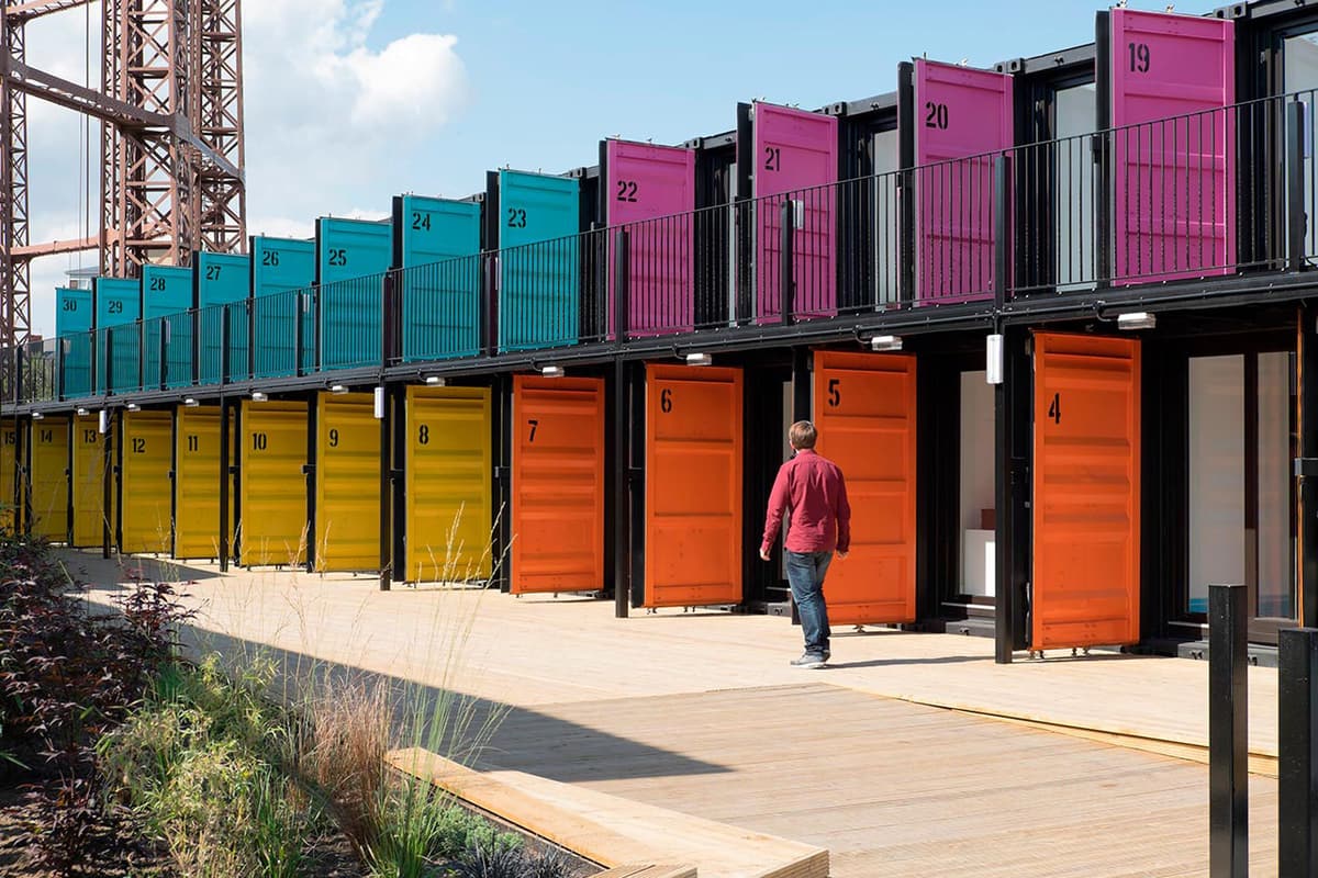 Stacked shipping container studios at Containerville on Corbridge Crescent