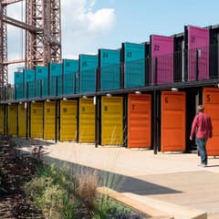 Stacked shipping container studios at Containerville on Corbridge Crescent