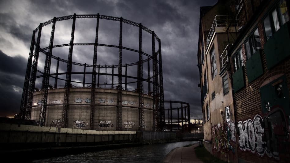 Victorian gasholders beside the Regent's Canal in Hackney